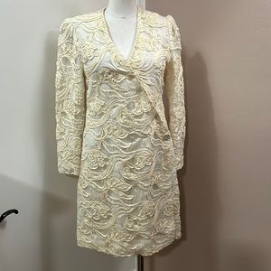 Vintage Custom Made Embroidered Tulle Cream Mini Wrap Suit Dress size M*